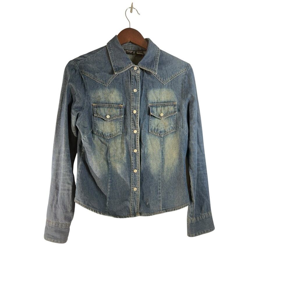 Vintage PERISCOPE Jean Denim Top Shirt 90s Blouse Snap Button Country Western M‎